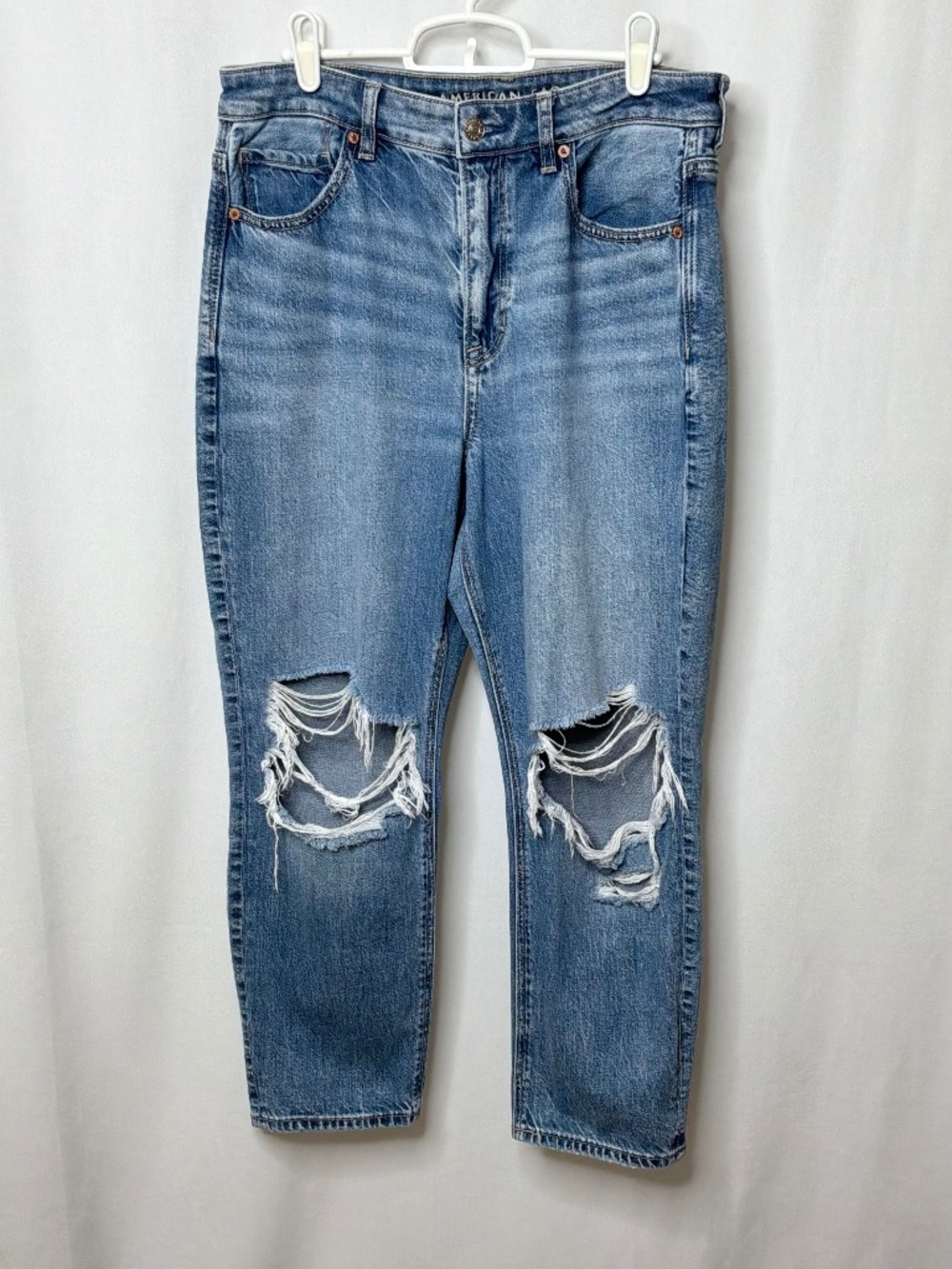 American Eagle Womens Strigid Distressed Knee Mom Jean Size 10 X-Short